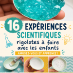 Un enfant réalise une expérience scientifique amusante avec un adulte, entouré de matériel éducatif.