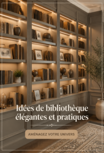 Une élégante bibliothèque à domicile avec des étagères en bois et un coin lecture convivial.