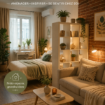 Un studio décoré avec des couleurs douces et des meubles confortables