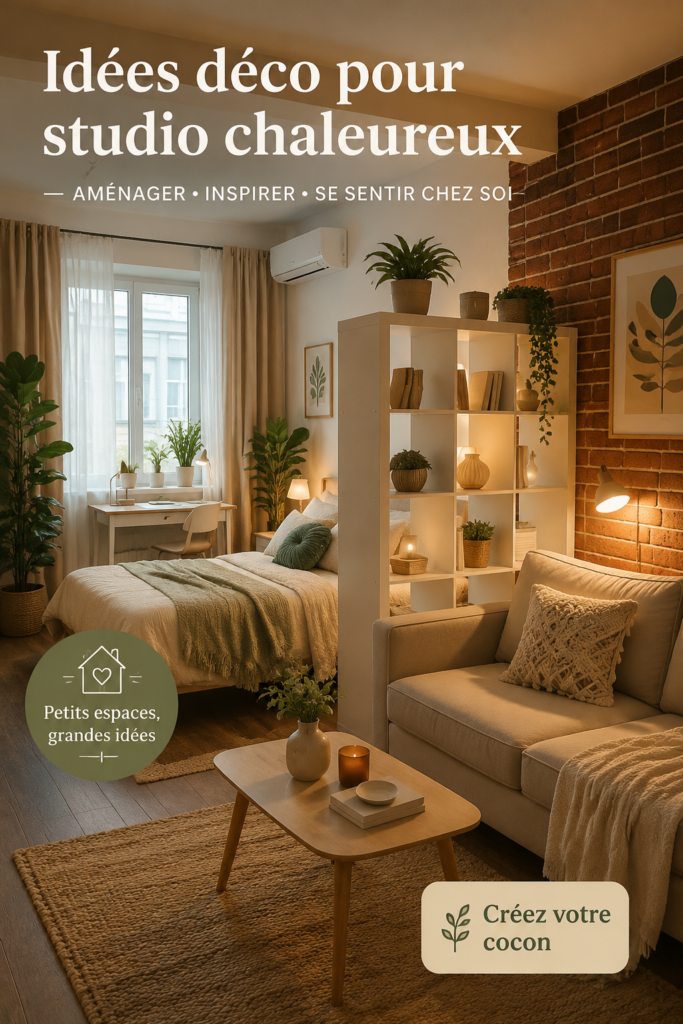 Un studio décoré avec des couleurs douces et des meubles confortables