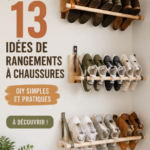 Étagère DIY remplie de chaussures bien rangées dans une entrée moderne.