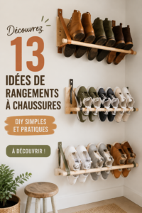 Étagère DIY remplie de chaussures bien rangées dans une entrée moderne.