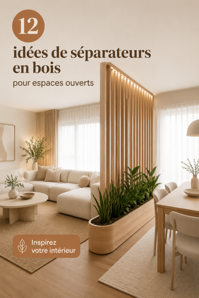 Un salon moderne avec un séparateur en bois créant une ambiance chaleureuse.