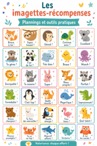 Des imagettes-récompenses colorées sur un tableau de motivation pour enfants.