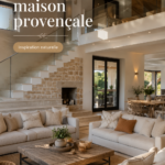 Intérieur d'une maison élégamment décoré dans un style provençal, avec des couleurs chaudes et des textures naturelles.