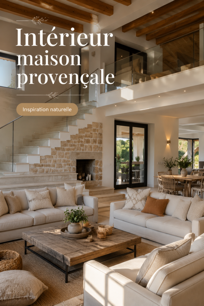 Intérieur d'une maison élégamment décoré dans un style provençal, avec des couleurs chaudes et des textures naturelles.