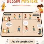 Enfants jouant au dessin mystère et s'amusant ensemble.