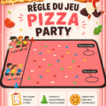 Un groupe d'enfants jouant à des jeux sportifs lors d'un pizza party.
