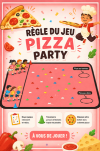 Un groupe d'enfants jouant à des jeux sportifs lors d'un pizza party.