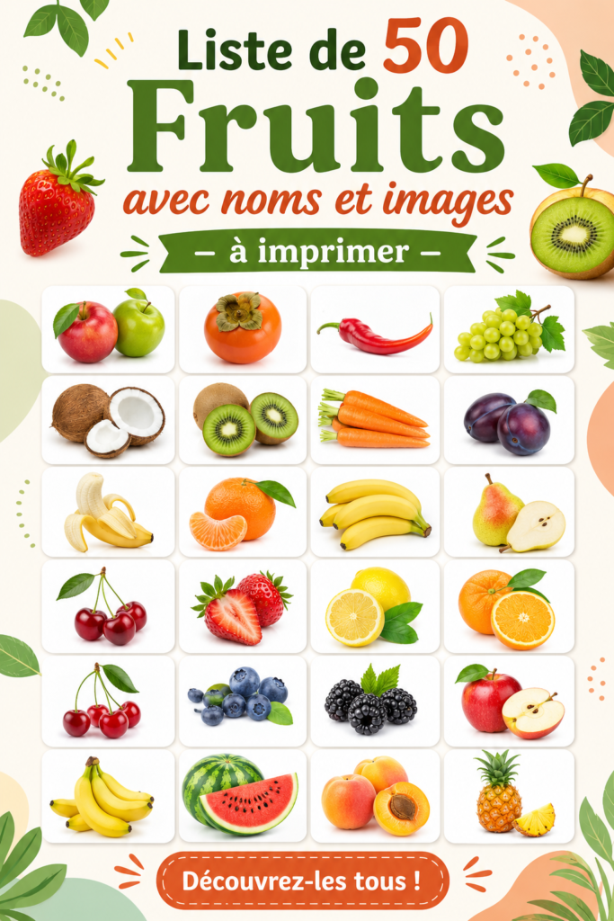 Liste de fruits à imprimer avec illustrations colorées pour enfants