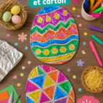 Des œufs de Pâques colorés en carton et papier aluminium sur une table