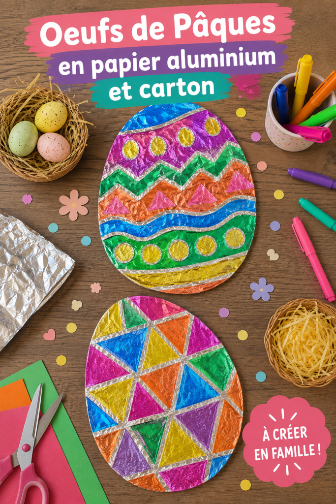 Des œufs de Pâques colorés en carton et papier aluminium sur une table