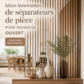 L'image montre un salon moderne avec un paravent élégant qui délimite un coin lecture.
