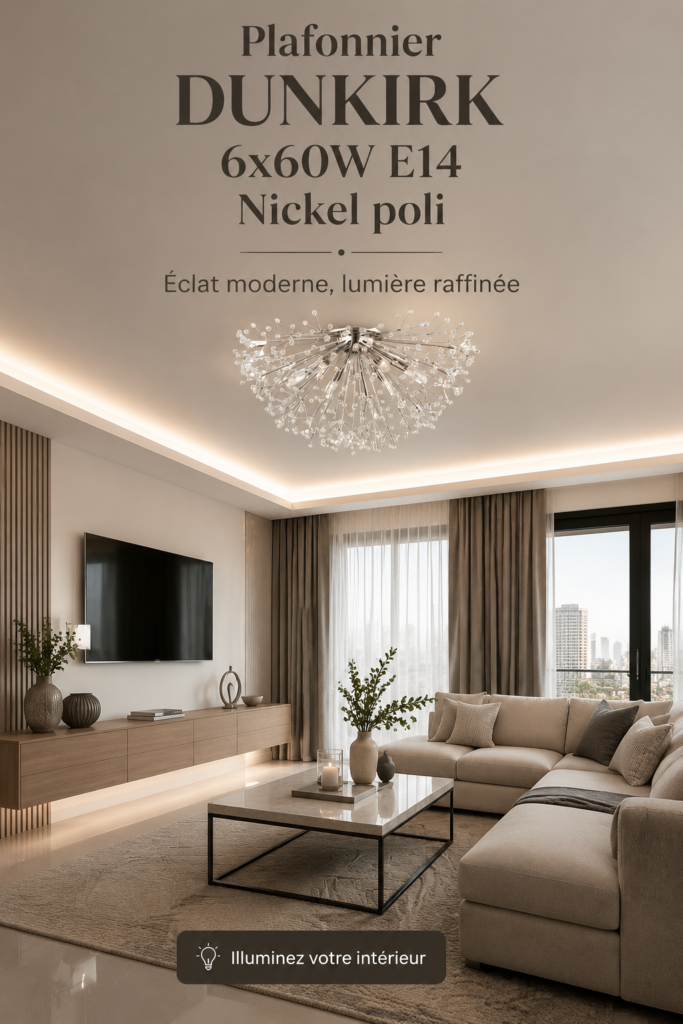 Plafonnier Dunkirk en nickel poli lumineux dans un intérieur moderne