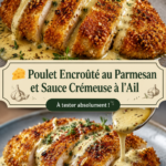 Poulet croustillant au parmesan avec sauce crémeuse à l'ail sur une assiette.