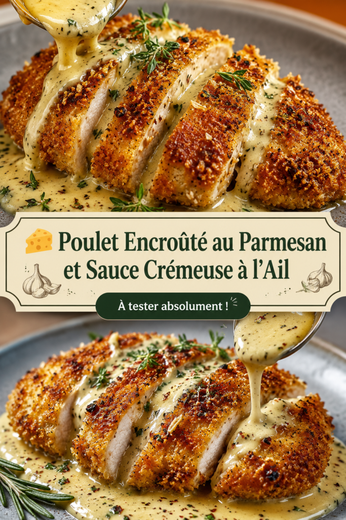 Poulet croustillant au parmesan avec sauce crémeuse à l'ail sur une assiette.