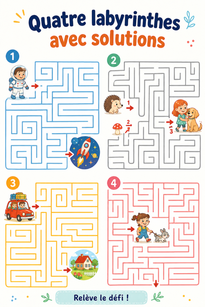 Quatre labyrinthes avec solutions à explorer en famille