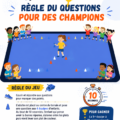 Un groupe d'enfants s'amusant autour d'un quiz sportif en extérieur.