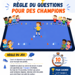 Un groupe d'enfants s'amusant autour d'un quiz sportif en extérieur.