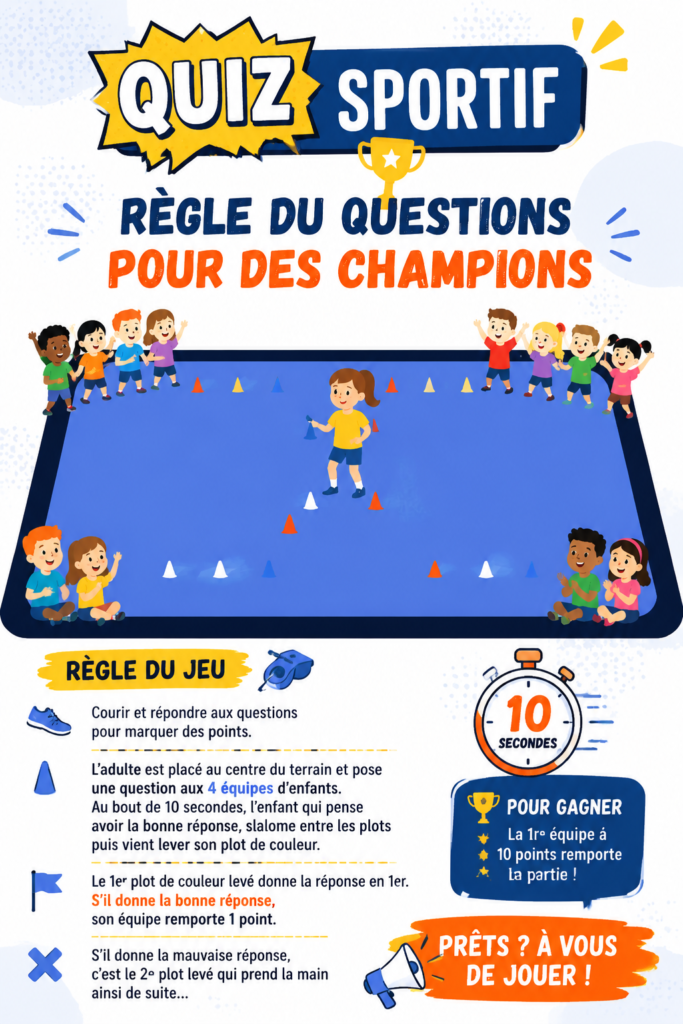 Un groupe d'enfants s'amusant autour d'un quiz sportif en extérieur.