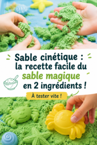 Sable cinétique coloré dans un récipient, préparé avec deux ingrédients simples.
