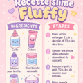 Photo d'un slime fluffy coloré, doux et aéré, en pot avec des ingrédients à proximité.