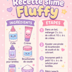 Photo d'un slime fluffy coloré, doux et aéré, en pot avec des ingrédients à proximité.