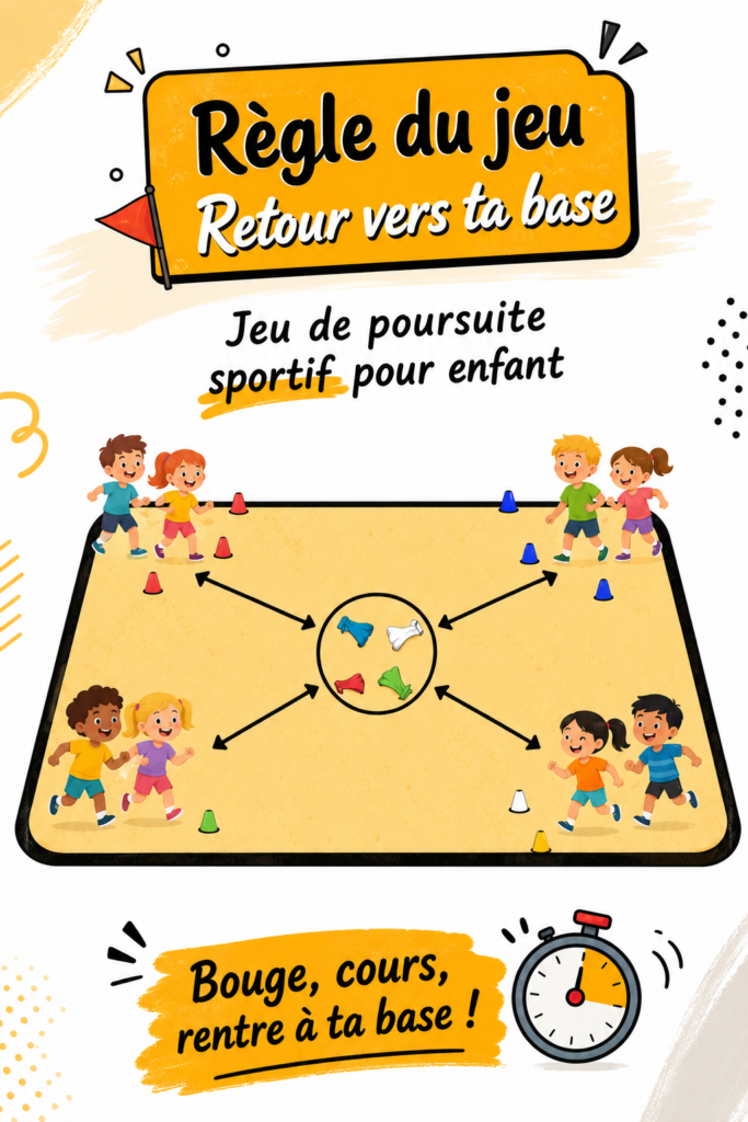 Enfants jouant au jeu 'Retour vers ta base' dans un parc.