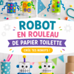 Photo d'un robot coloré fabriqué à partir de rouleaux de papier toilette, avec des yeux en boutons et des bras en papier.