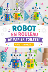 Photo d'un robot coloré fabriqué à partir de rouleaux de papier toilette, avec des yeux en boutons et des bras en papier.