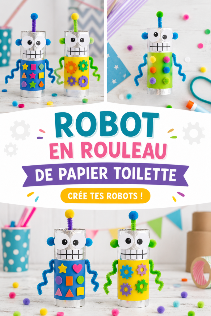Photo d'un robot coloré fabriqué à partir de rouleaux de papier toilette, avec des yeux en boutons et des bras en papier.