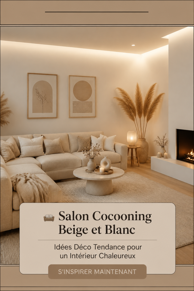 Un salon cocooning beige et blanc avec des éléments de décoration accueillants et chaleureux.