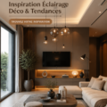 Un salon moderne et lumineux avec un éclairage contemporain et des éléments de décoration élégants.