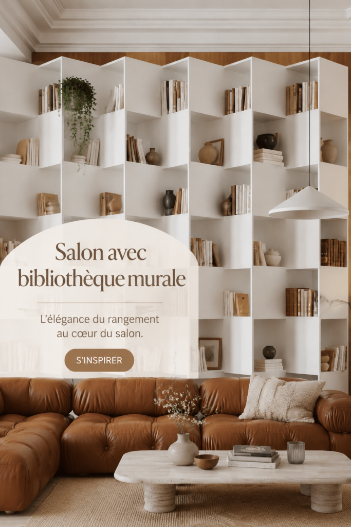 Salon chaleureux avec une bibliothèque murale en bois