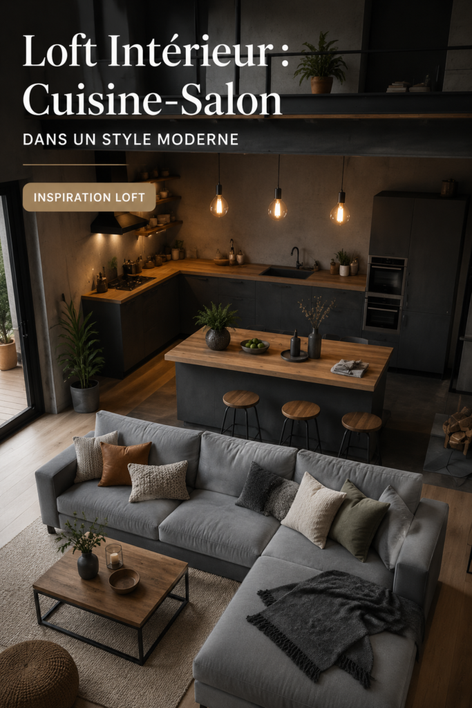 Aménagement d'une cuisine-salon moderne dans un loft avec des touches de bois et de métal.