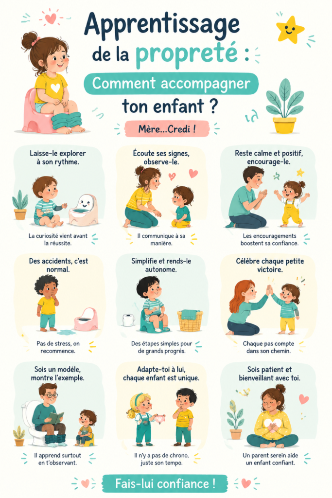 Un enfant heureux utilisant un pot, symbole d'apprentissage de la propreté.
