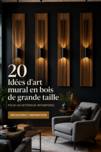 Un grand panneau en bois artistique accroché à un mur, ajoutant chaleur à un intérieur contemporain.