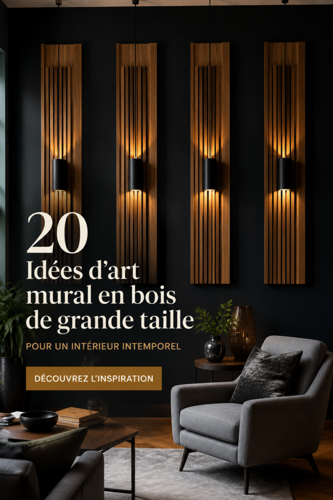 Un grand panneau en bois artistique accroché à un mur, ajoutant chaleur à un intérieur contemporain.