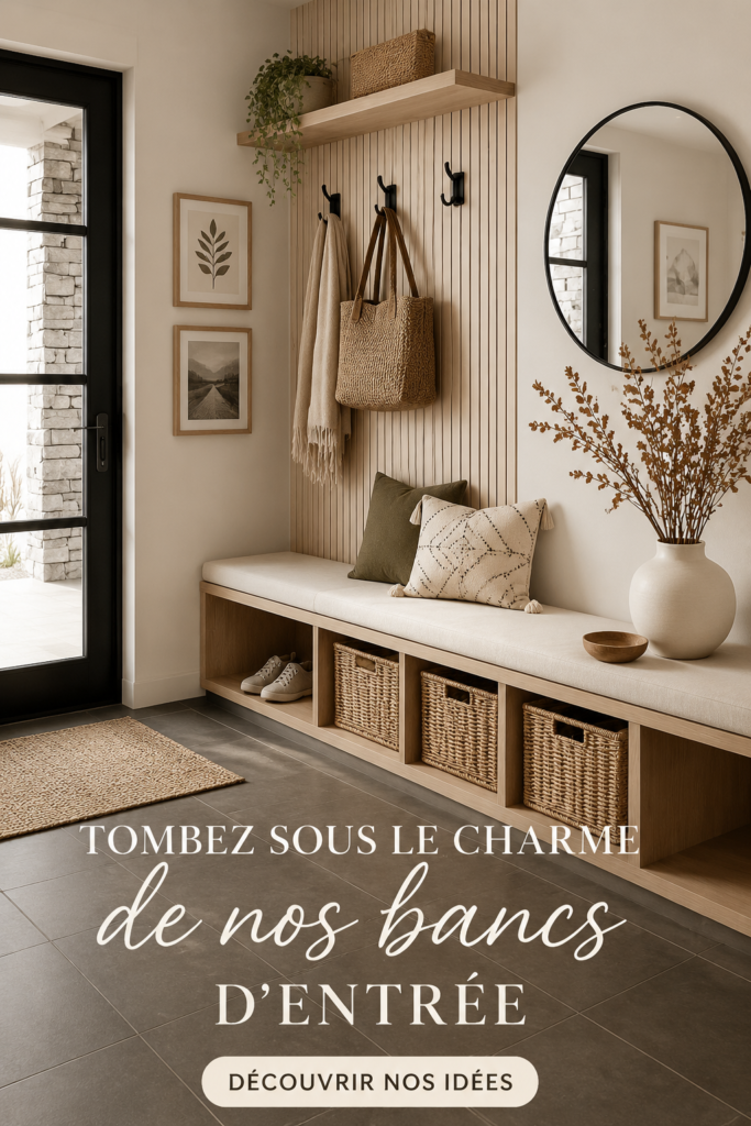 Banc d'entrée moderne et accueillant avec des coussins colorés