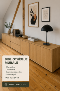 Bibliothèque murale en chêne avec étagères ouvertes et tiroirs intégrés, offrant un look moderne et pratique.