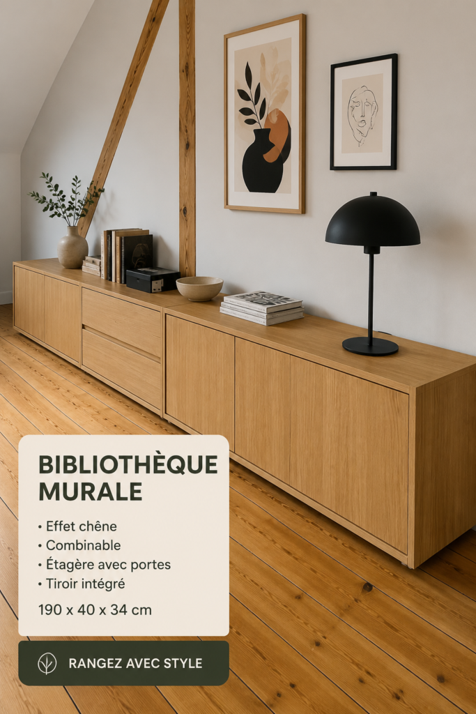 Bibliothèque murale en chêne avec étagères ouvertes et tiroirs intégrés, offrant un look moderne et pratique.