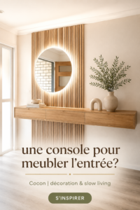 Une élégante console en bois dans une entrée lumineuse avec des accessoires décoratifs.