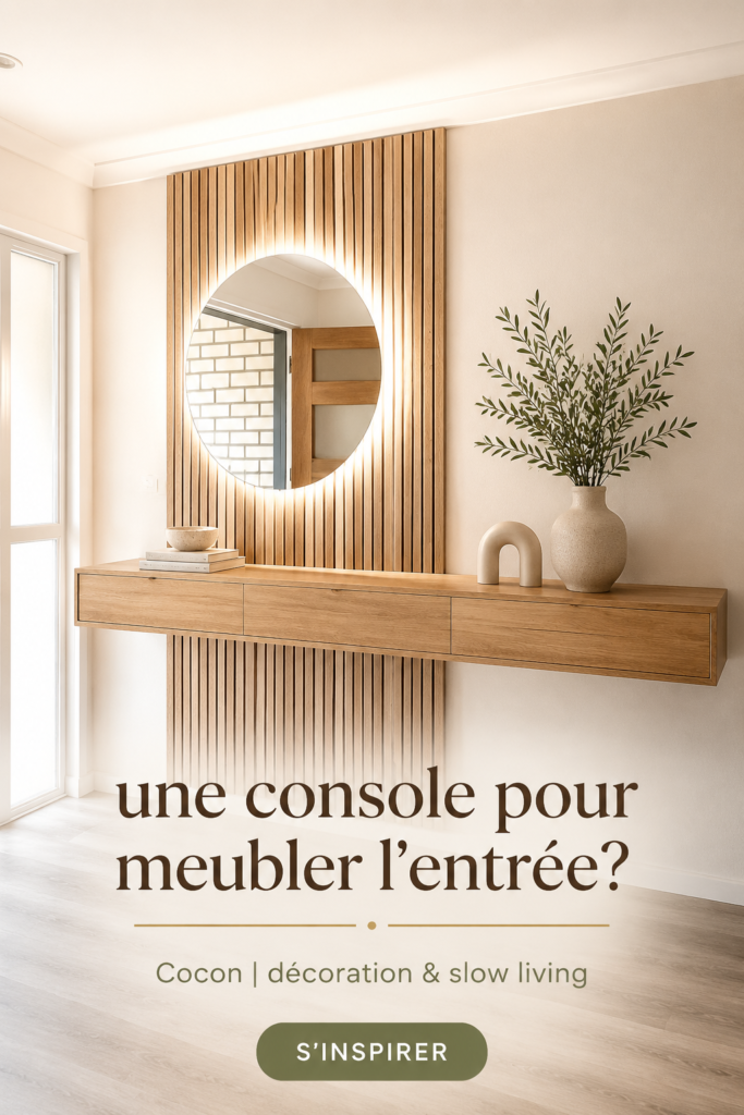 Une élégante console en bois dans une entrée lumineuse avec des accessoires décoratifs.