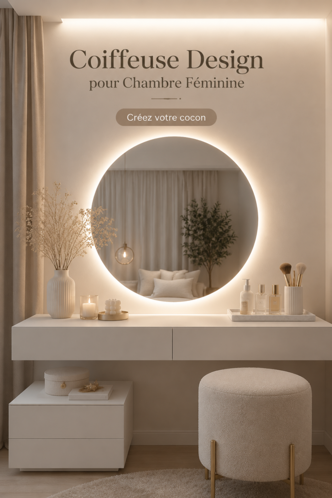 Coiffeuse élégante dans une chambre féminine, avec miroir et accessoires de beauté.