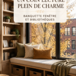 Un coin lecture douillet près d'une fenêtre avec des étagères remplies de livres.
