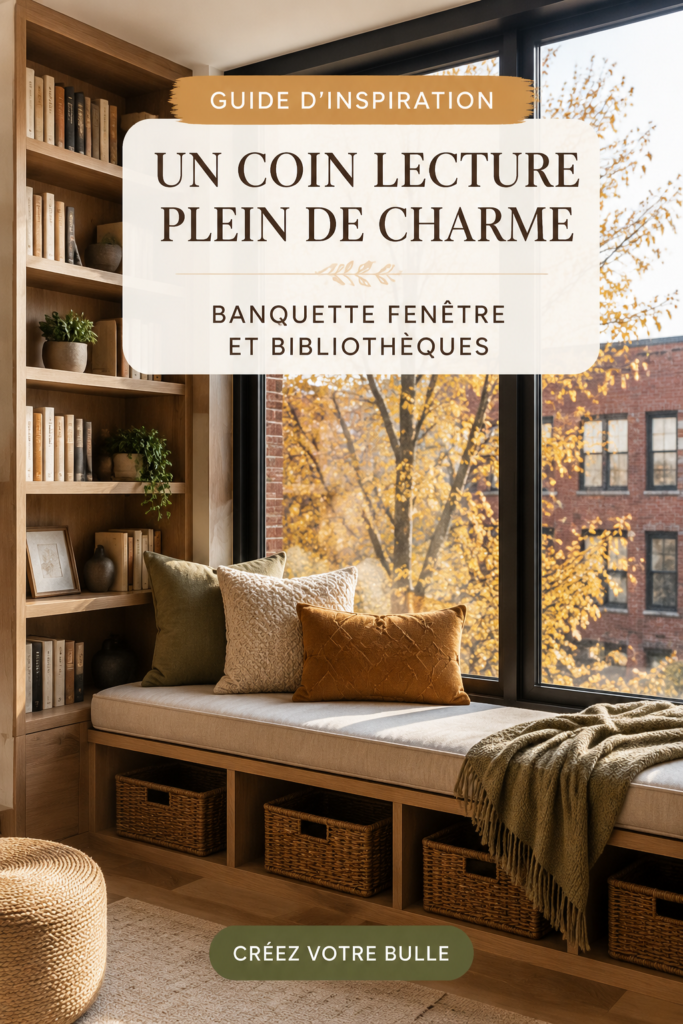 Un coin lecture douillet près d'une fenêtre avec des étagères remplies de livres.