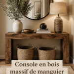 Console en bois massif de manguier dans un salon élégant et chaleureux.