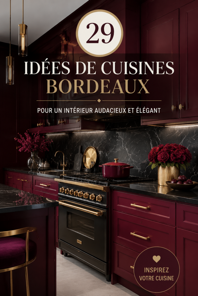 Une cuisine bordeaux élégante et moderne avec des éléments boisés.