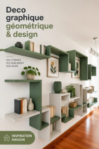 Un salon décoré avec des éléments géométriques modernes et colorés, créant une atmosphère chaleureuse.