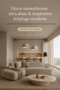Un salon moderne avec un décor monochrome en nuances douces et un éclairage apaisant.
